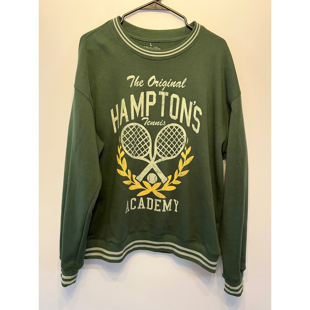 Goodie Two Sleeves Hamptons Tennis Academy Sweatshirt Green Striped Trim Large